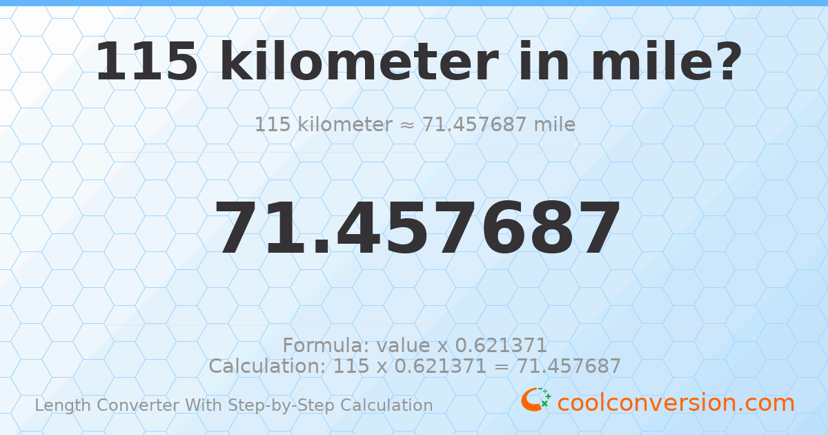 115 kilometers = 71.4577 miles