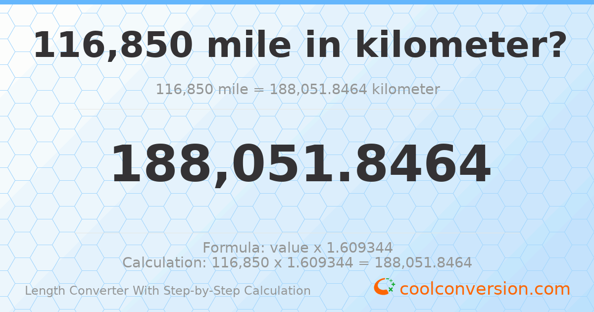 116850 miles = 188052 kilometers