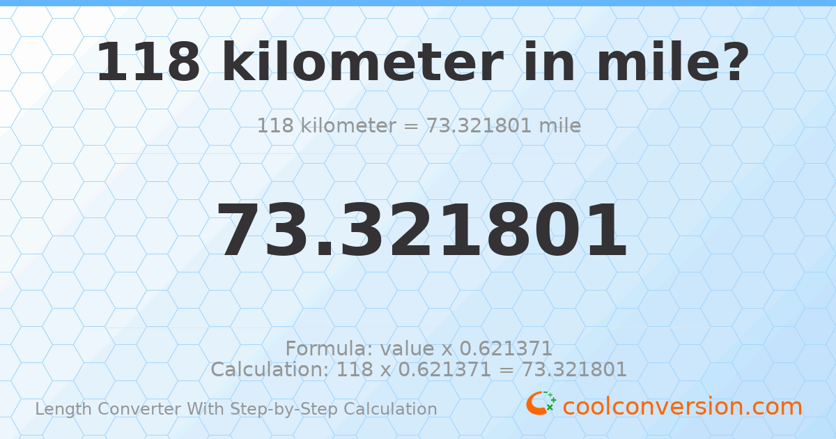 118 kilometers = 73.3218 miles