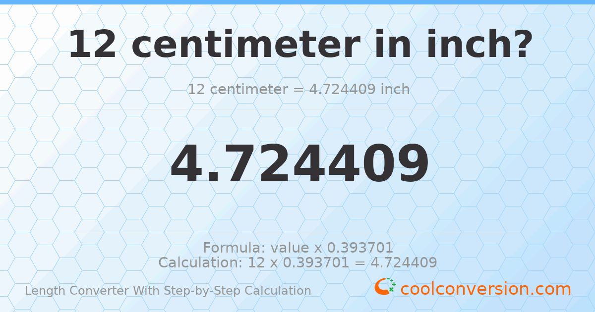 12 centimeters = 4.72441 inches