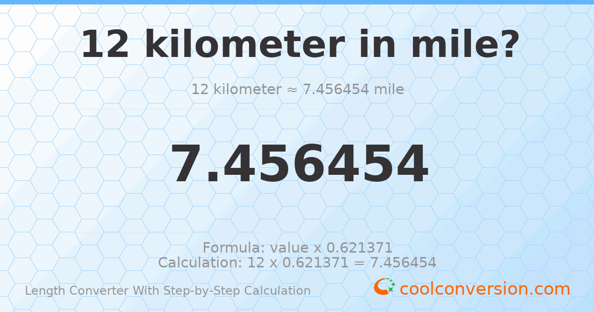 12 kilometers = 7.45645 miles