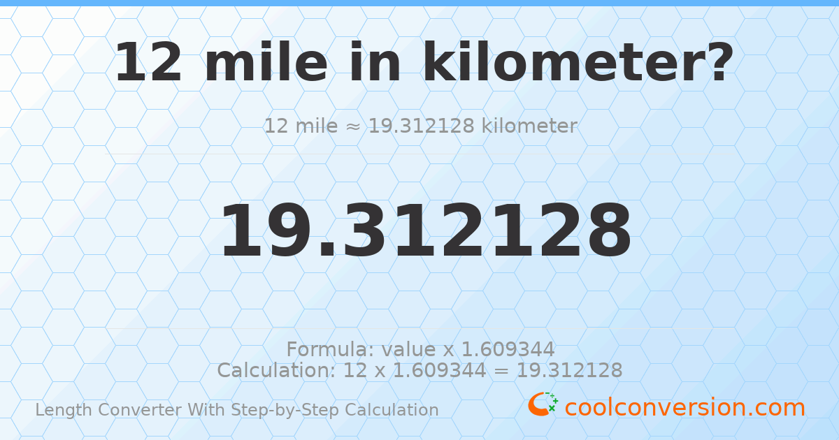 12 miles = 19.3121 kilometers