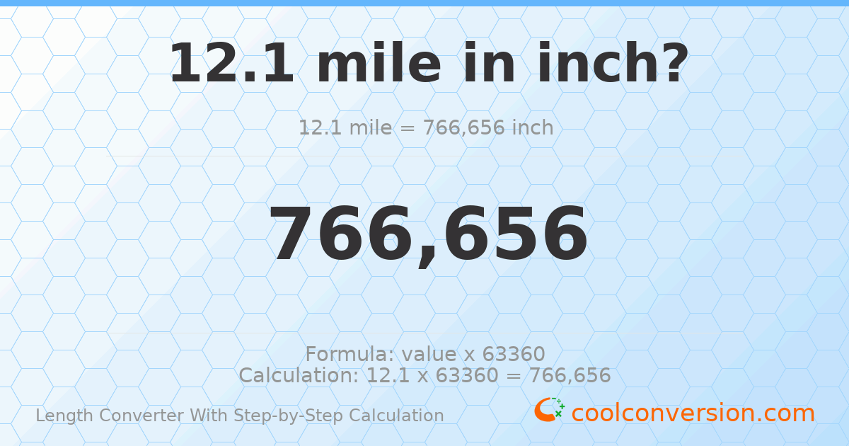 12.1 miles = 766656 inches