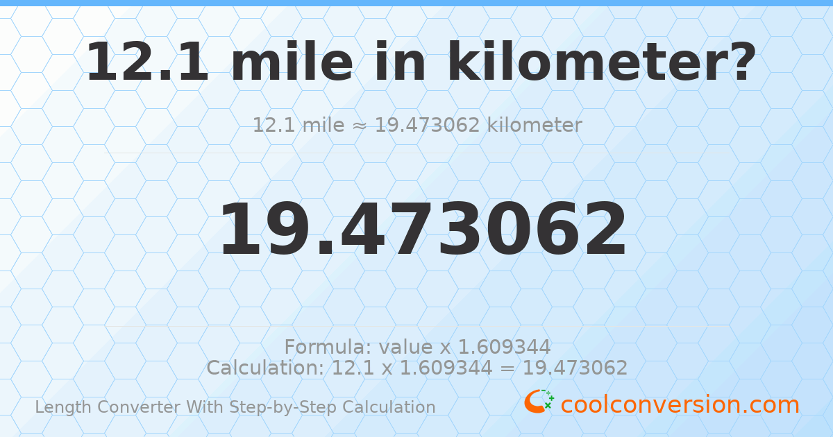 12.1 miles = 19.4731 kilometers