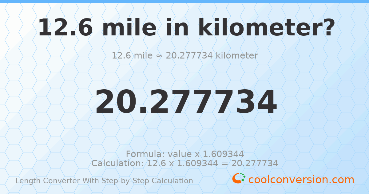 12.6 miles = 20.2777 kilometers