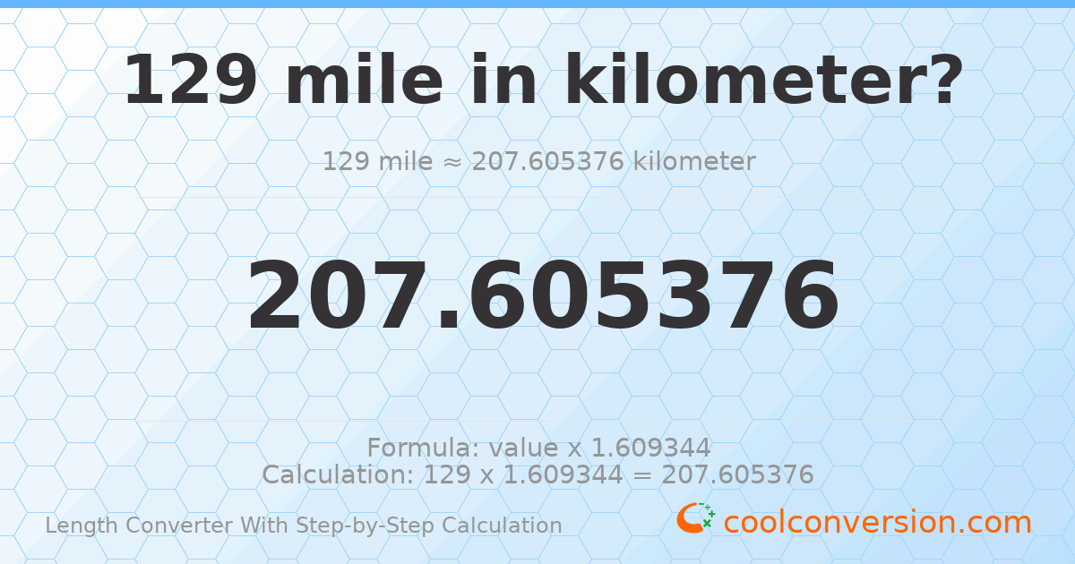 129 miles = 207.605 kilometers