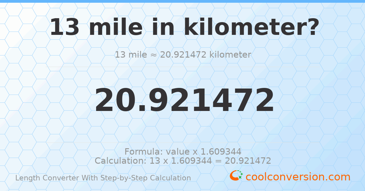 13 miles = 20.9215 kilometers