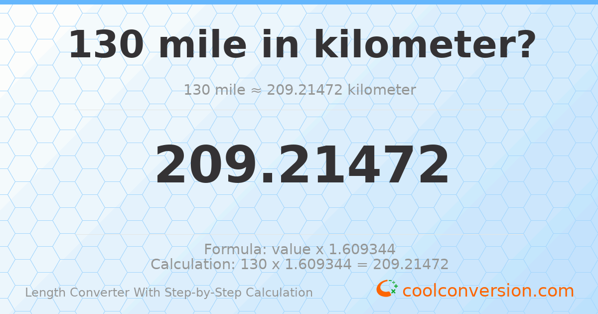 130 miles = 209.215 kilometers