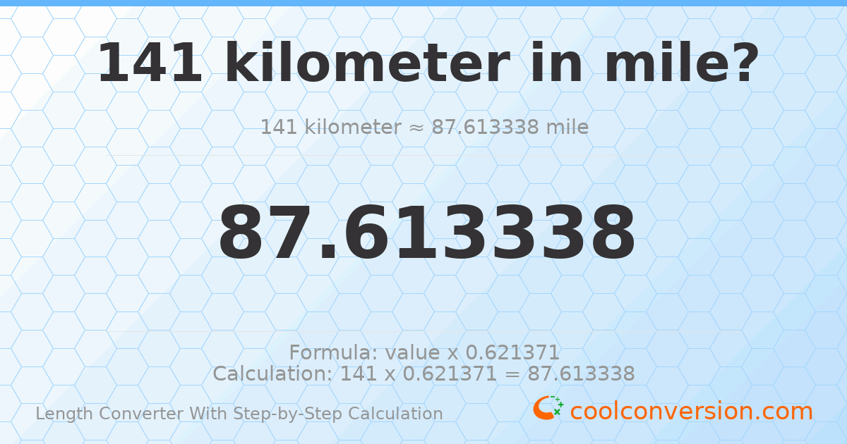 141 kilometers = 87.6133 miles