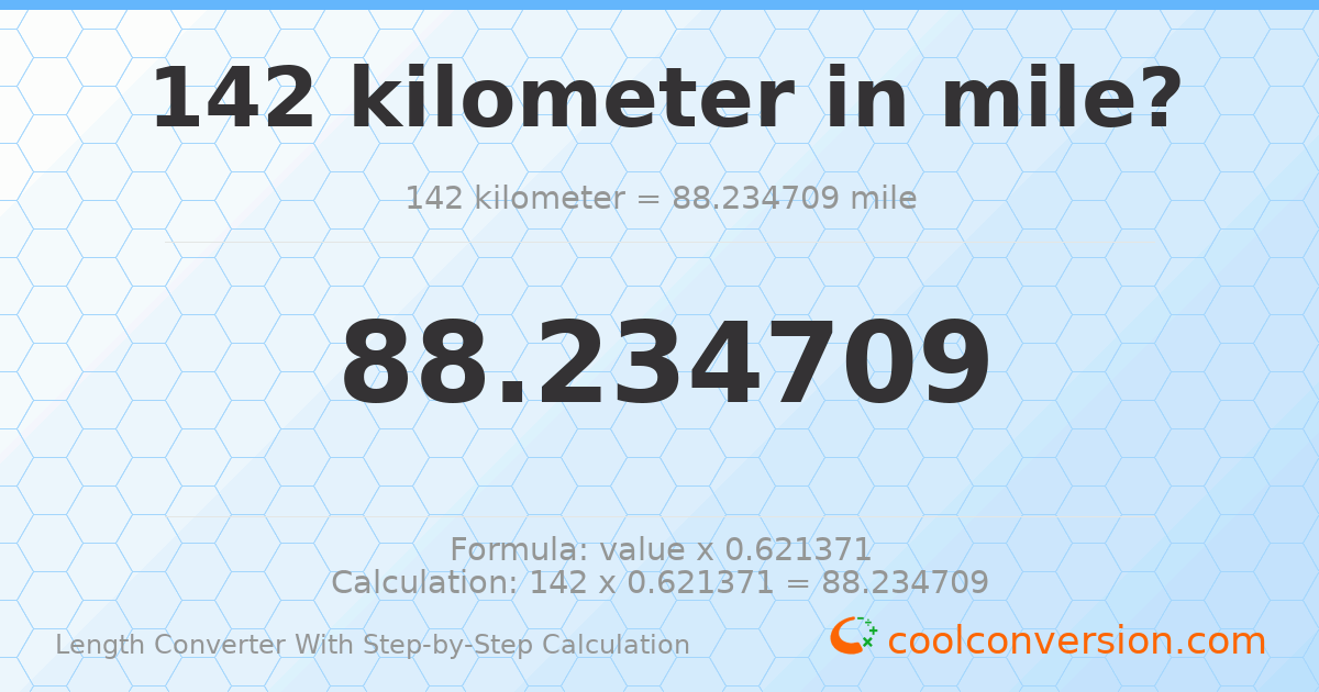 142 kilometers = 88.2347 miles