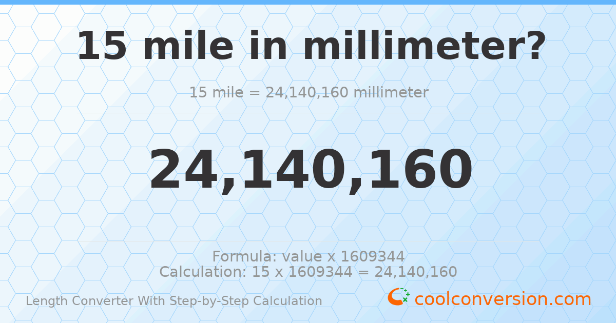 15 miles = 2.41402 × 10⁷ millimeters