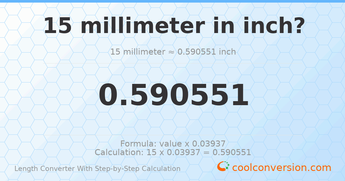 15 millimeters = 0.590551 inches