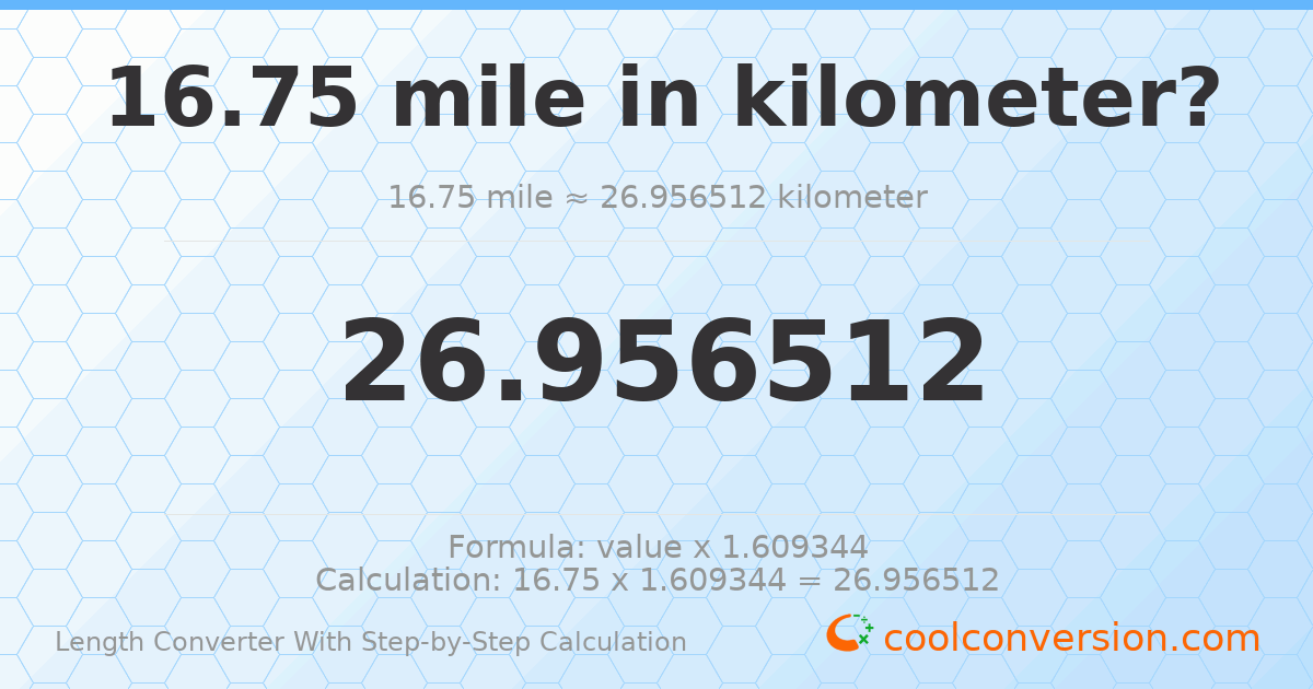 16.75 miles = 26.9565 kilometers