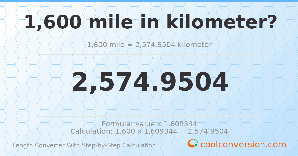 1600 miles = 2574.95 kilometers