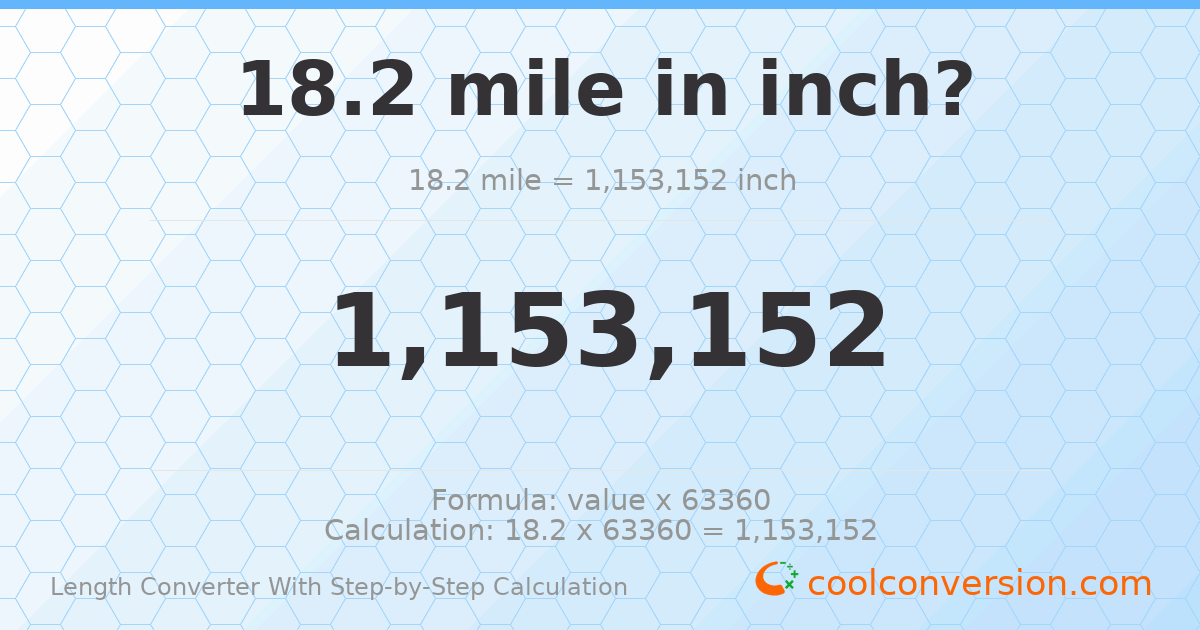 18.2 miles = 1153150 inches
