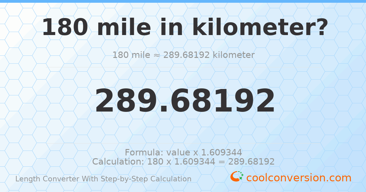 180 miles = 289.682 kilometers