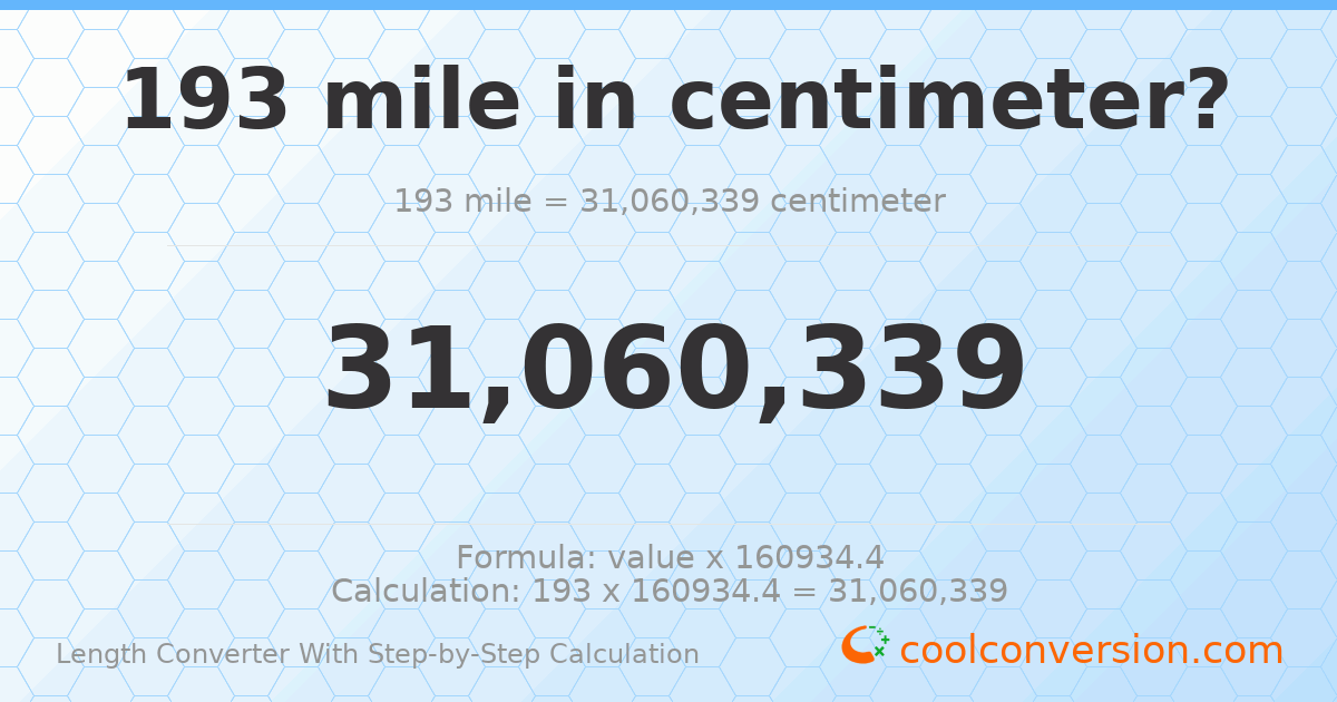 193 miles = 3.10603 × 10⁷ centimeters