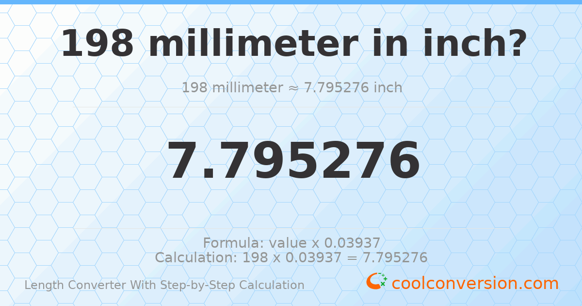 198 millimeters = 7.79528 inches