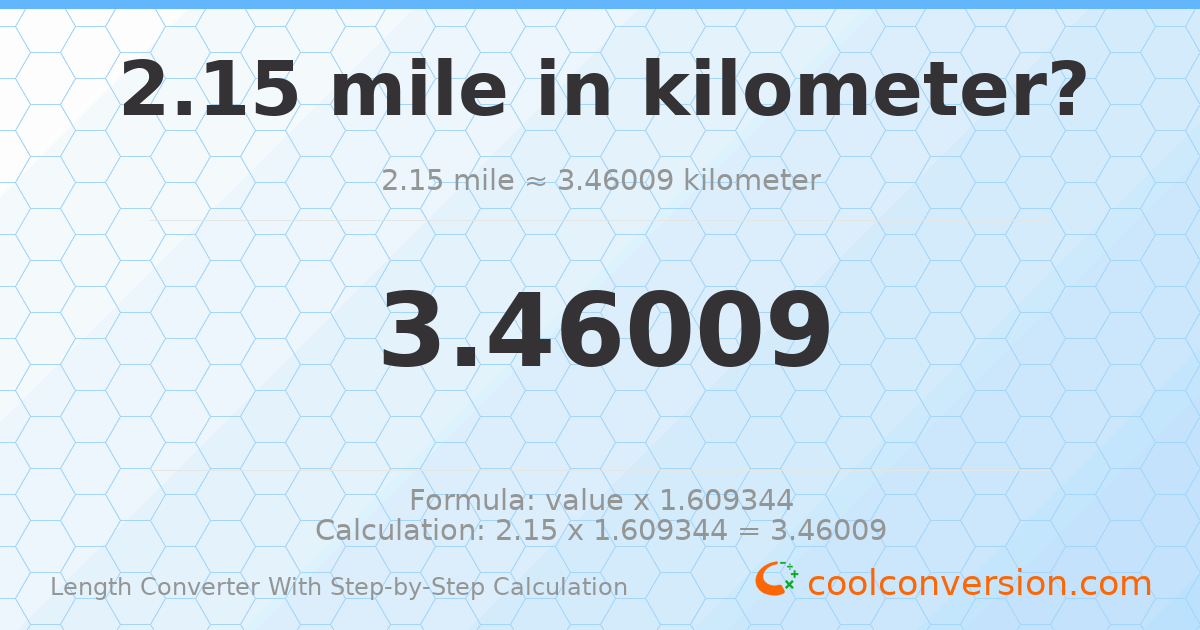 2.15 miles = 3.46009 kilometers