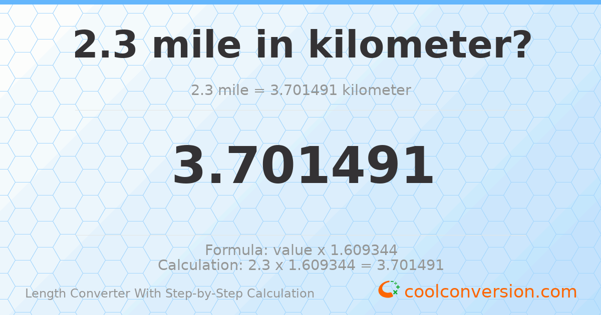2.3 miles = 3.70149 kilometers