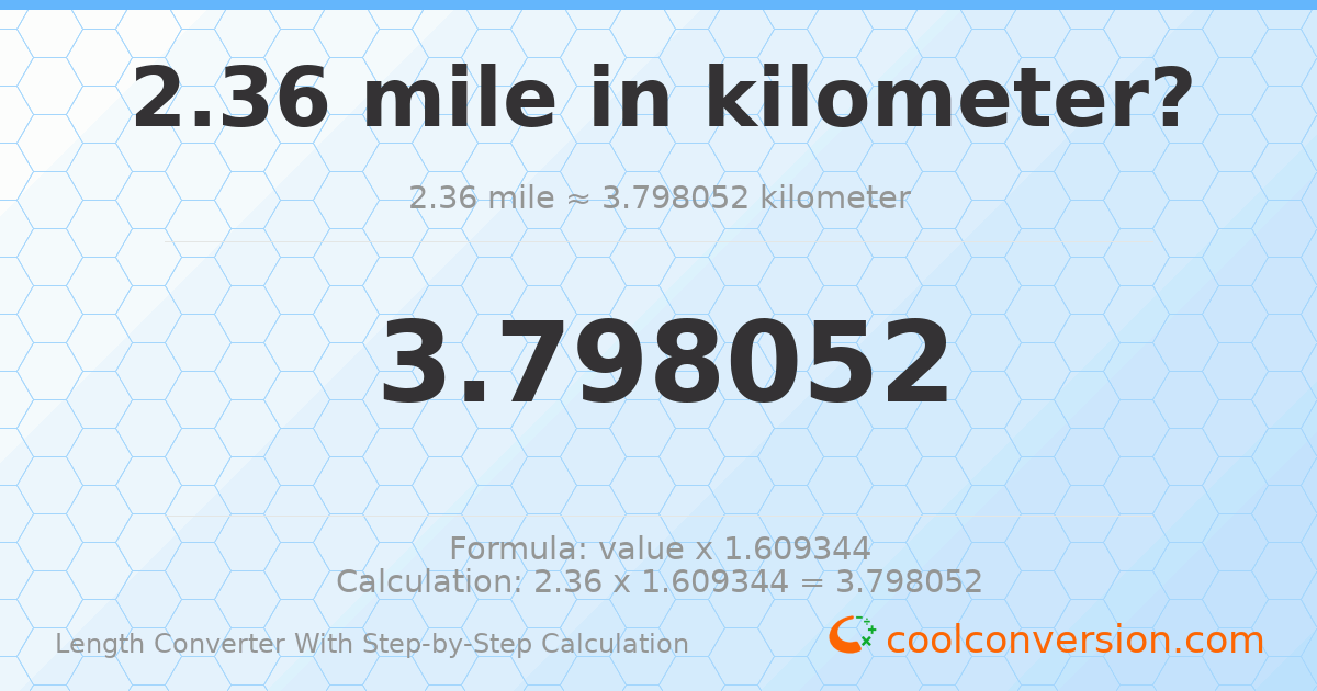 2.36 miles = 3.79805 kilometers