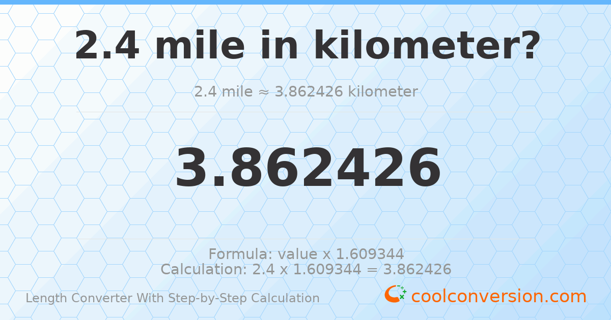 2.4 miles = 3.86243 kilometers