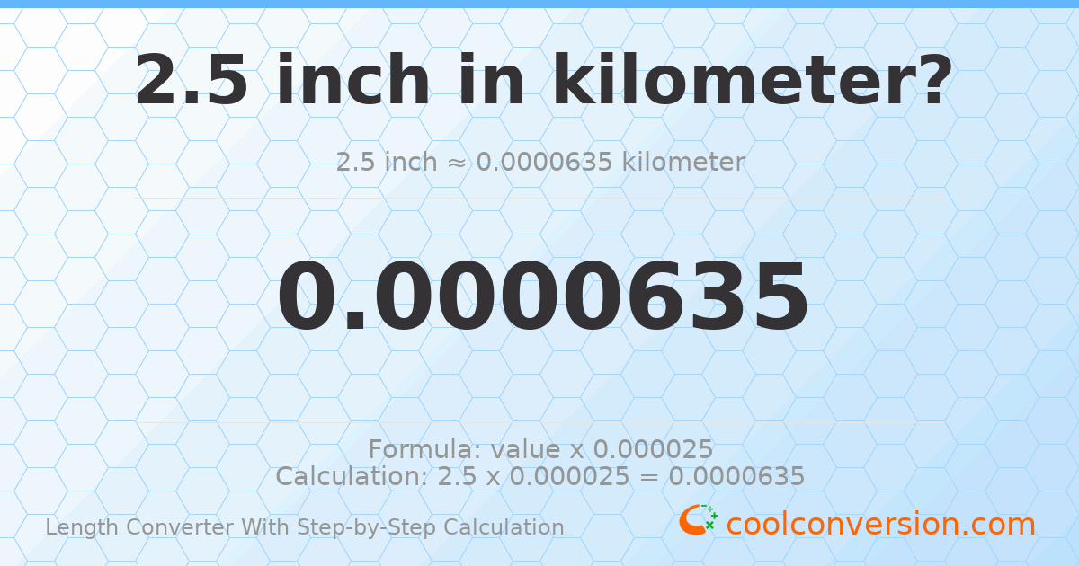 2.5 inches = 6.35 × 10⁻⁵ kilometers