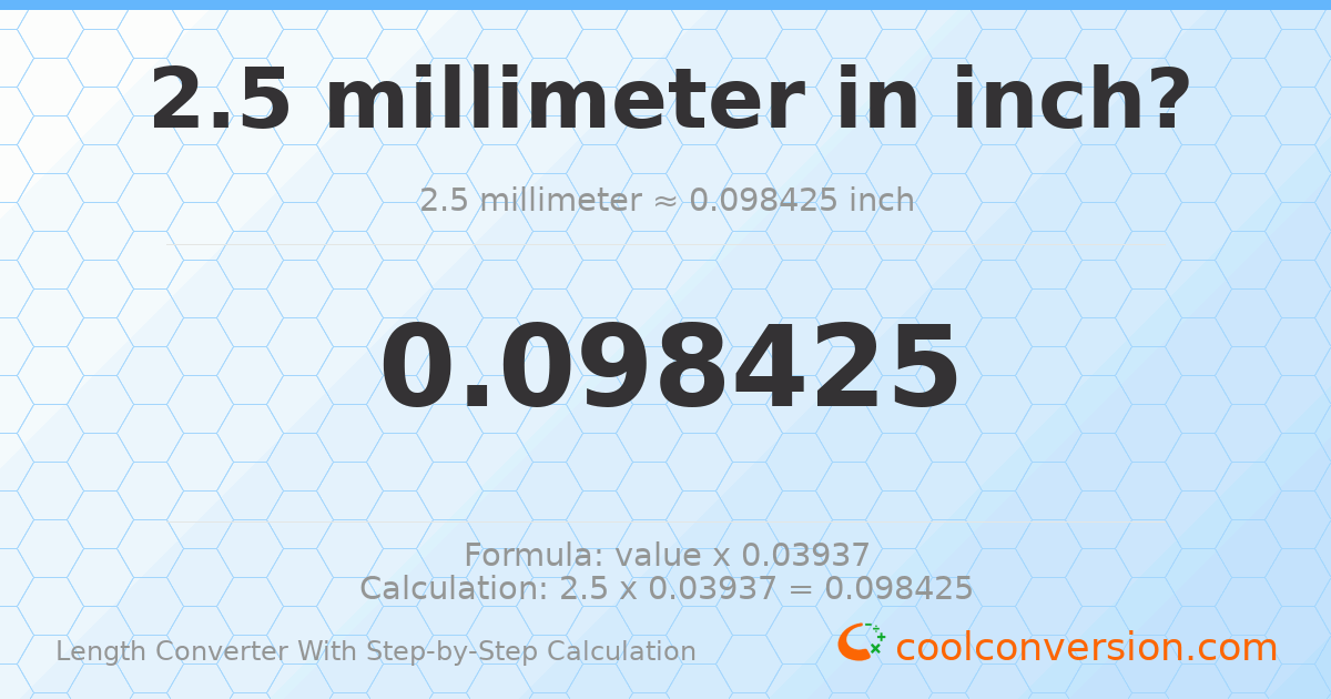 2.5 millimeters = 0.0984252 inches