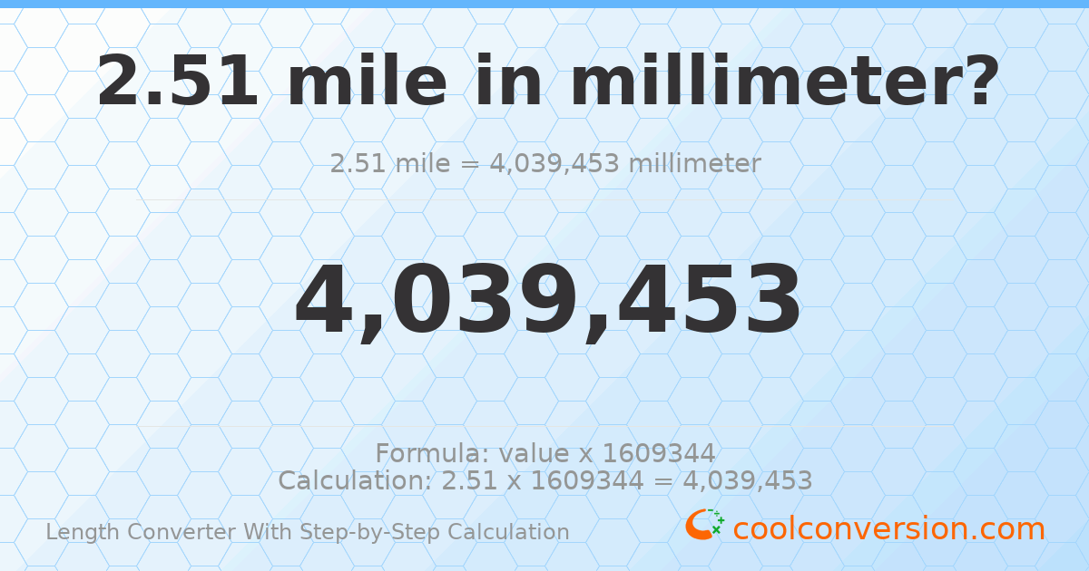 2.51 miles = 4039450 millimeters