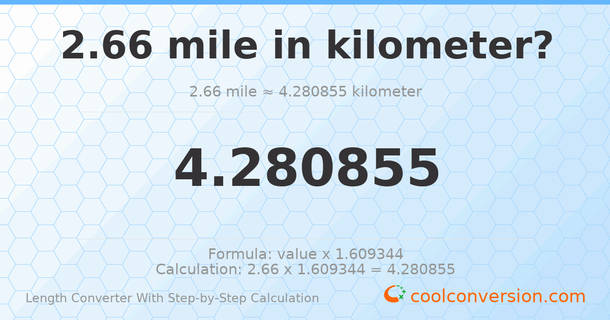 2.66 miles = 4.28086 kilometers