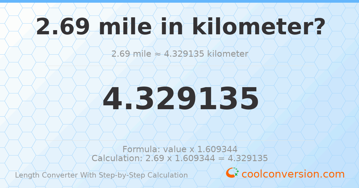 2.69 miles = 4.32914 kilometers