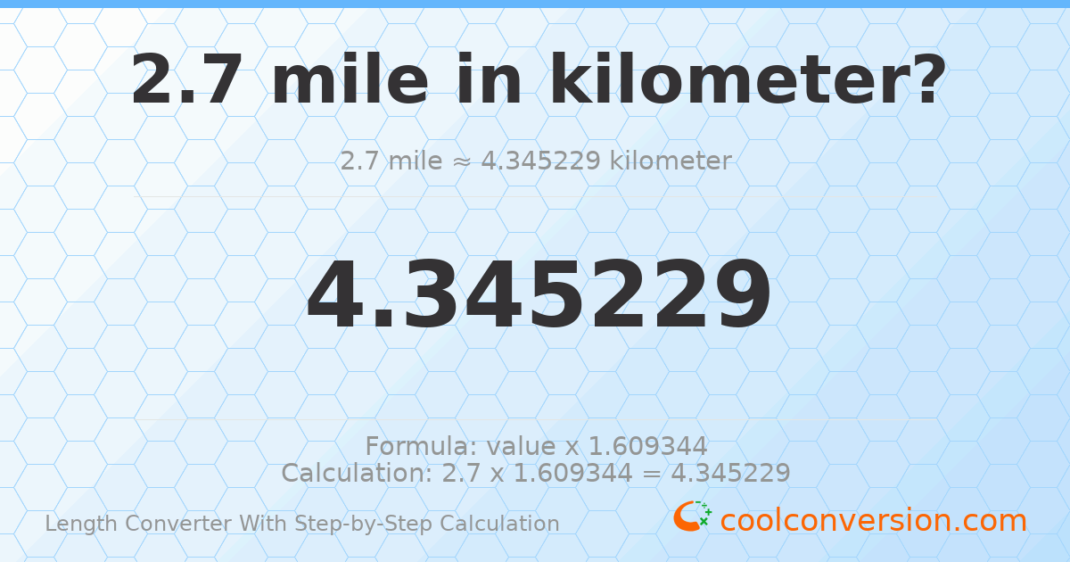 2.7 miles = 4.34523 kilometers