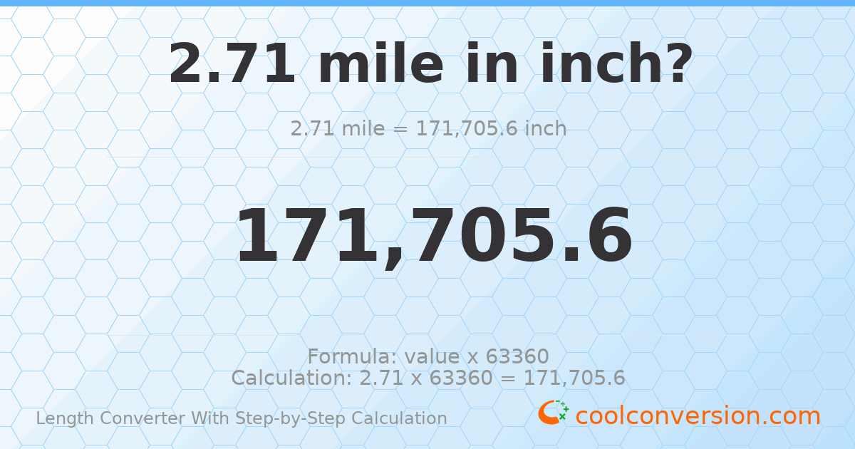 2.71 miles = 171706 inches