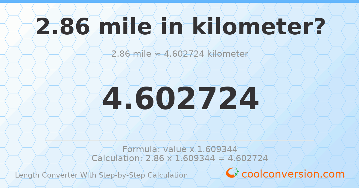 2.86 miles = 4.60272 kilometers