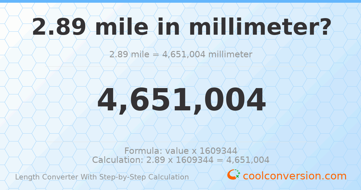 2.89 miles = 4651000 millimeters