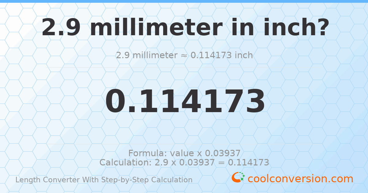 2.9 millimeters = 0.114173 inches