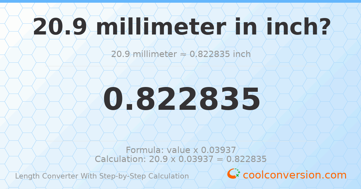 20.9 millimeters = 0.822835 inches