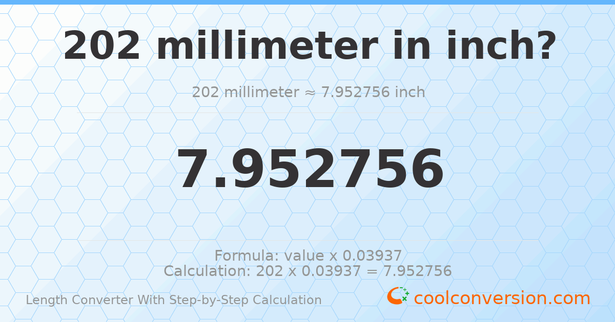202 millimeters = 7.95276 inches