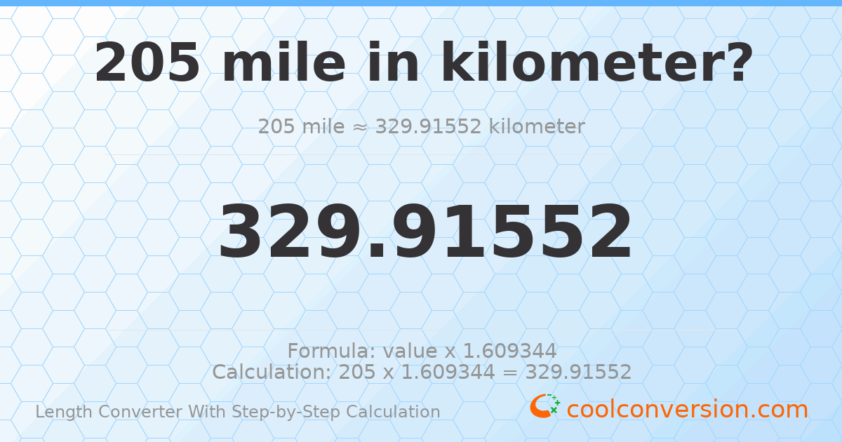 205 miles = 329.916 kilometers