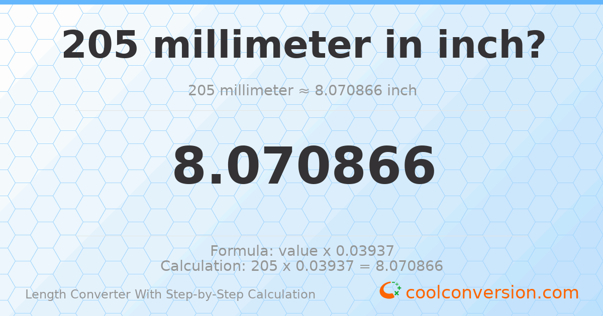 205 millimeters = 8.07087 inches