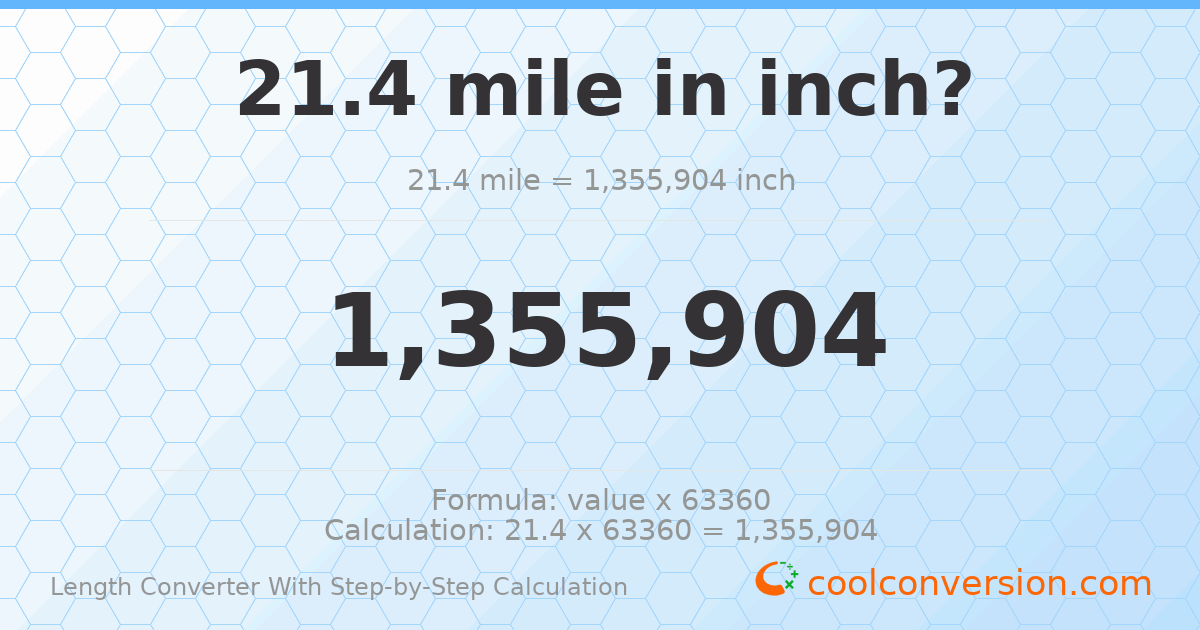 21.4 miles = 1355900 inches