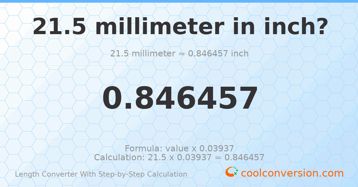 21.5 millimeters = 0.846457 inches