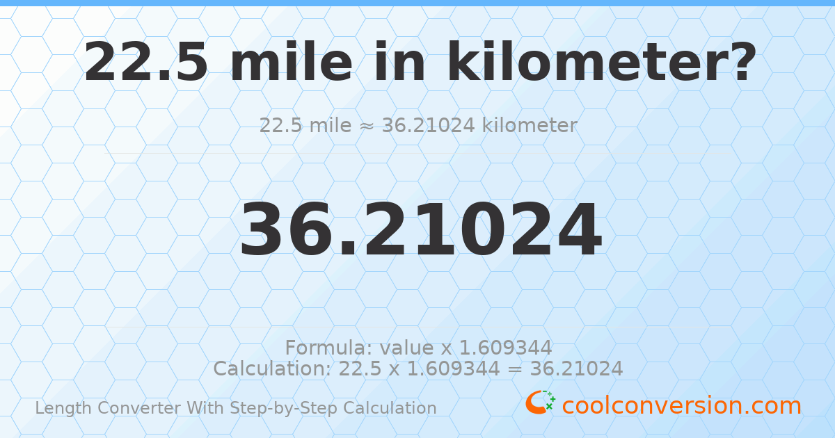 22.5 miles = 36.2102 kilometers