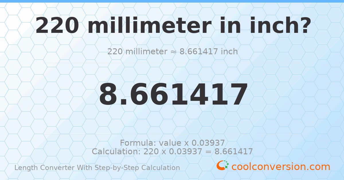 220 millimeters = 8.66142 inches