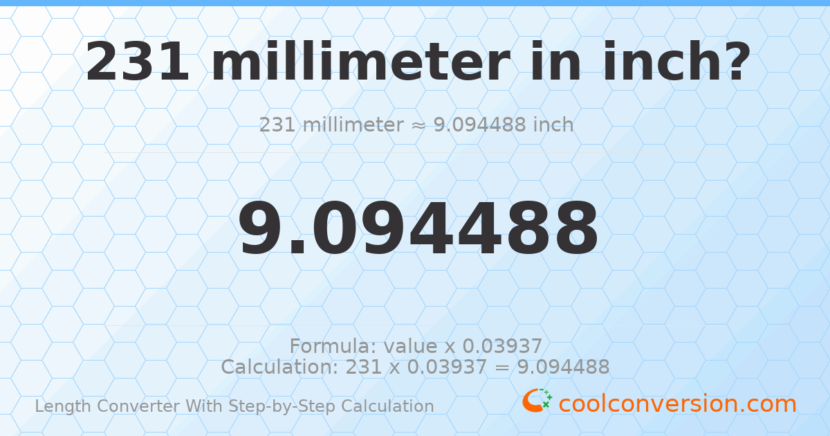 231 millimeters = 9.09449 inches