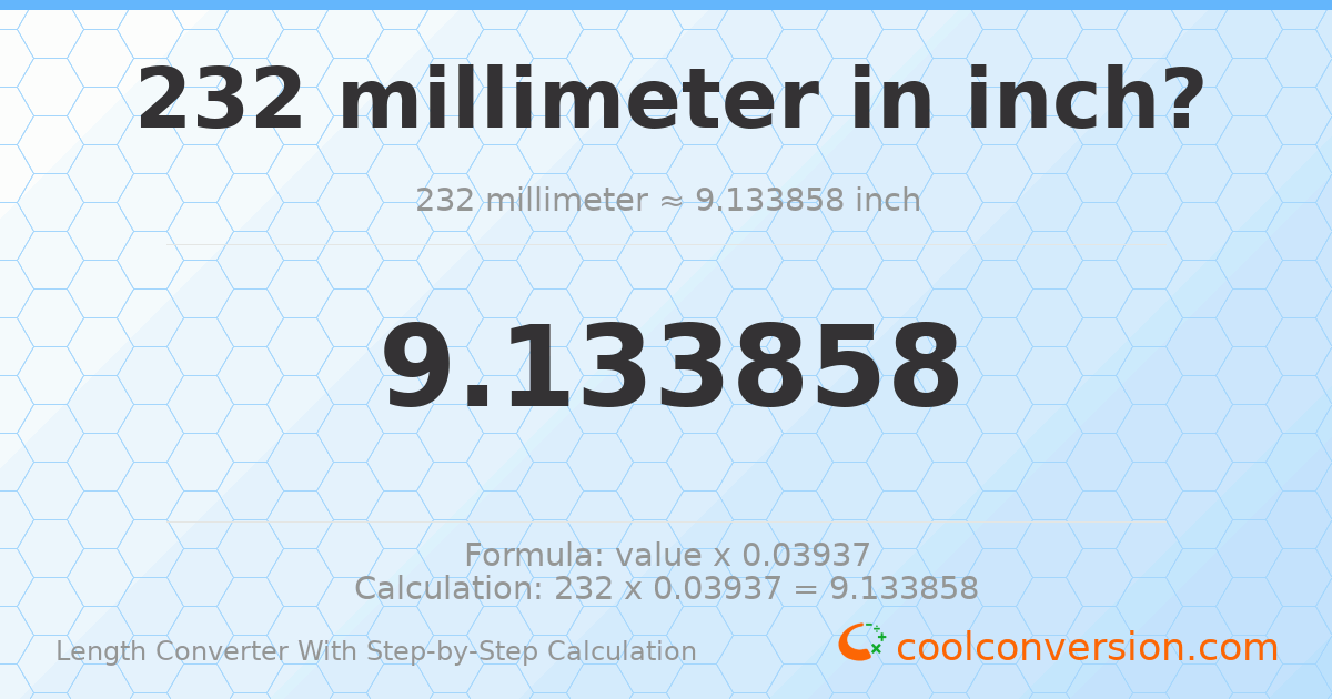 232 millimeters = 9.13386 inches