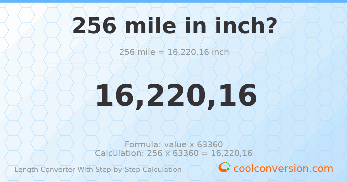 256 miles = 1.62202 × 10⁷ inches