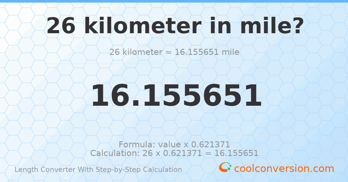 26 kilometers = 16.1557 miles