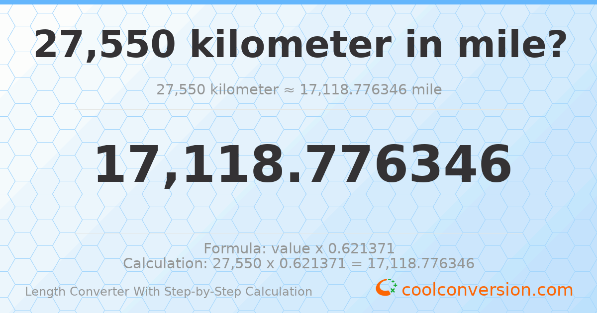 27550 kilometers = 17118.8 miles
