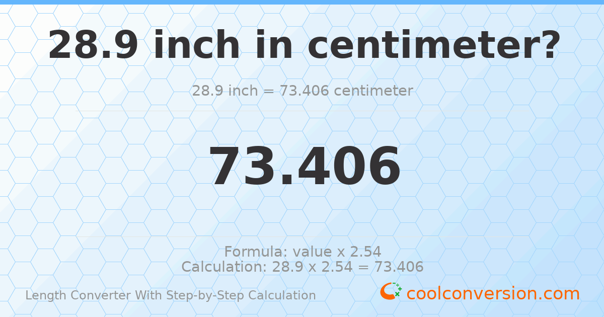 28.9 inches = 73.406 centimeters
